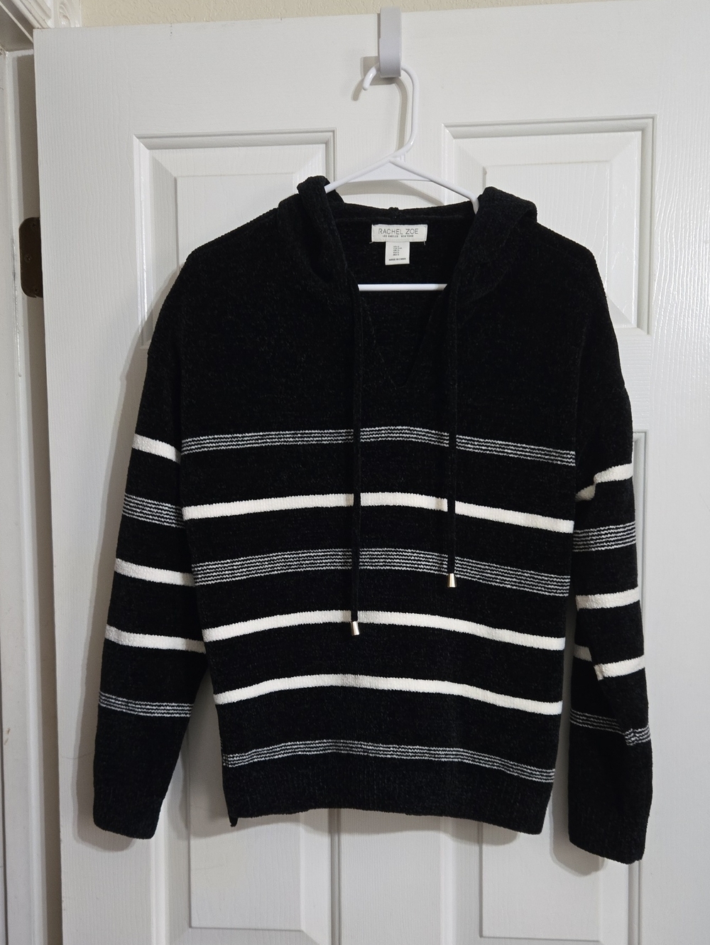 Rachel Zoe Black & White Striped Crewneck Hoodie Sweater